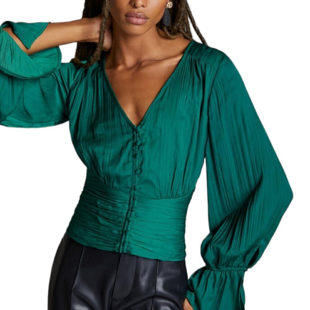 Anthropologie Emerald Green Pleated V-Neck Button Front Blouse